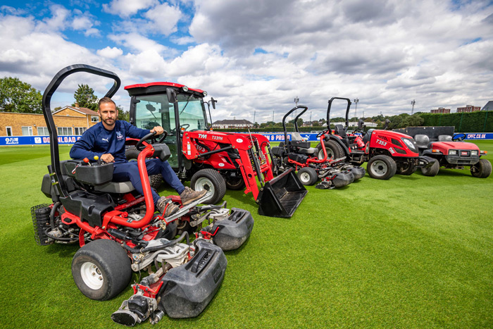 Assistant head groundsman Dean Waters with the Toro fleet at Crystal Palace Training Ground